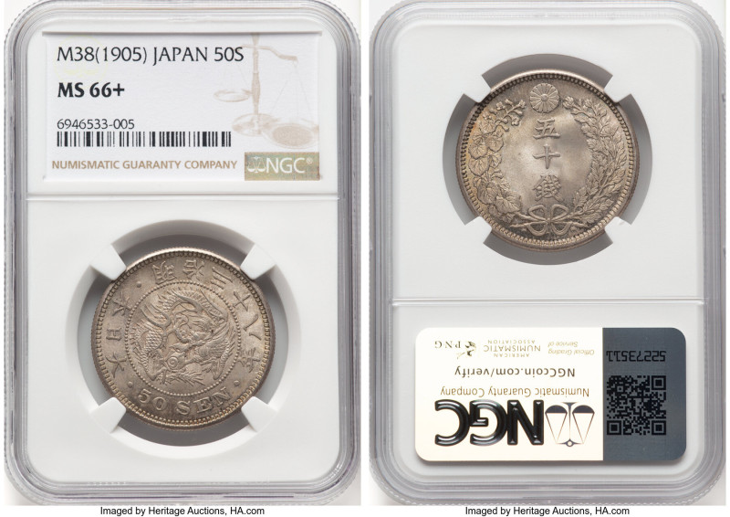 Meiji 50 Sen Year 38 (1905) MS66+ NGC, Osaka mint, KM-Y25, JNDA 01-14. Variety w...