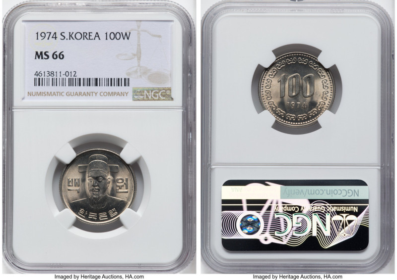 South Korea. Republic copper-nickel 100 Won 1974 MS66 NGC, Daejeon mint, KM9. A ...