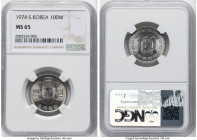 South Korea. Republic copper-nickel 100 Won 1974 MS65 NGC, Daejeon mint, KM9. An essential date in this widely collected modern Korean series, showcas...