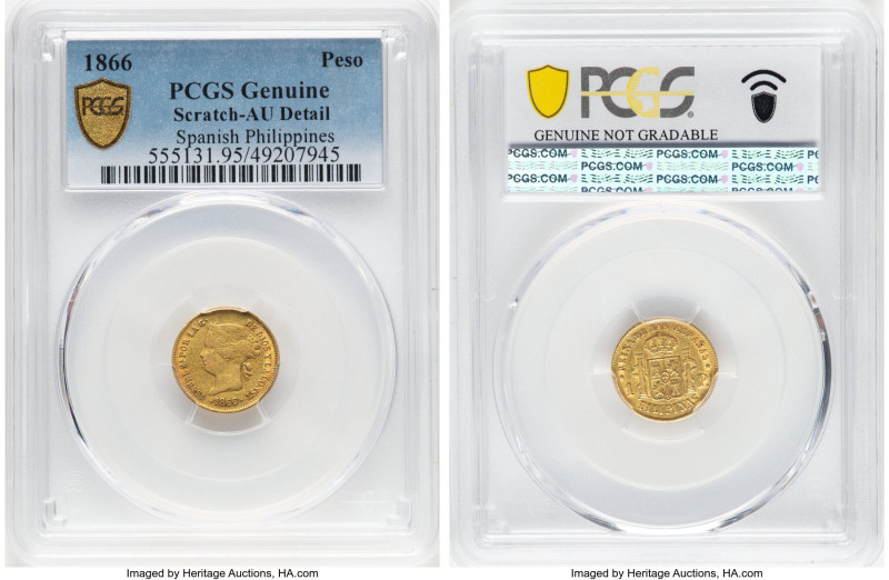 Spanish Colony. Isabel II gold Peso 1866 AU Details (Scratch) PCGS, Madrid mint,...