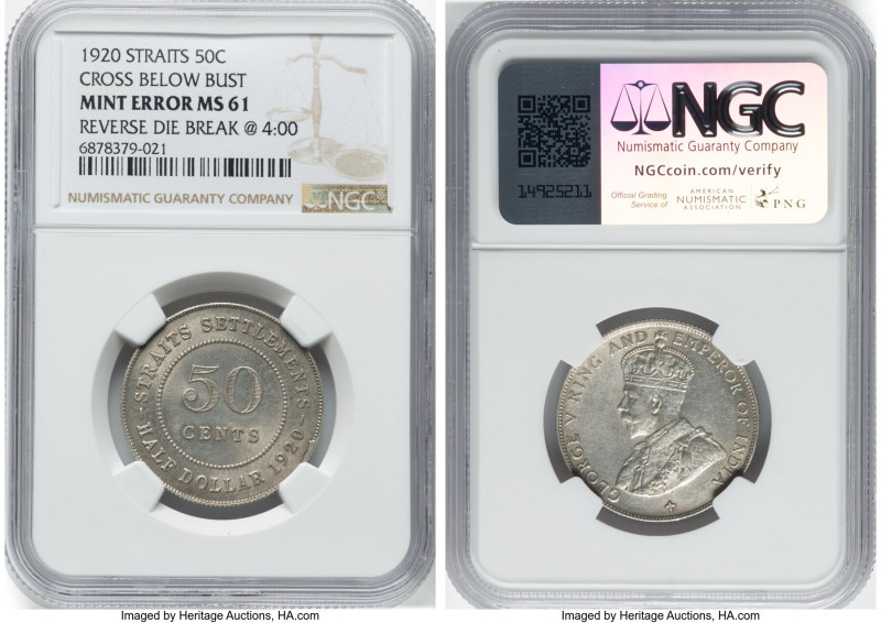 British Colony. George V Mint Error 50 Cents 1920 MS61 NGC, KM35.1. Cross below ...