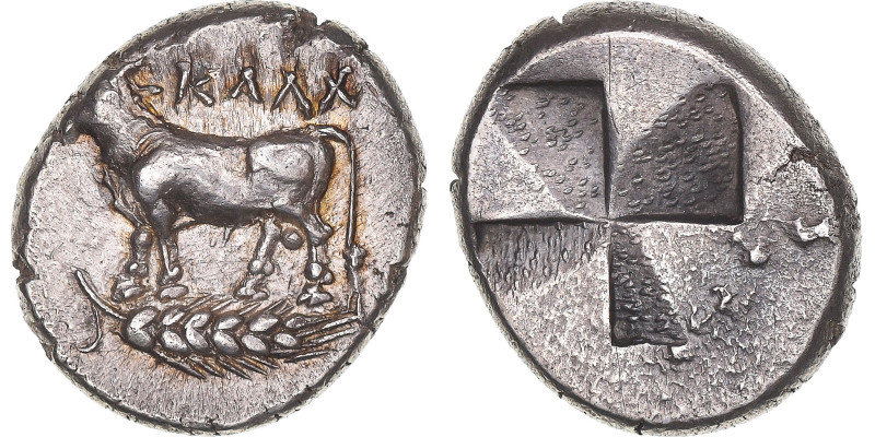 Coin, Bithynia, Drachm, ca. 350 BC, Kalchedon, AU(50-53), Silver
Bull on the le...