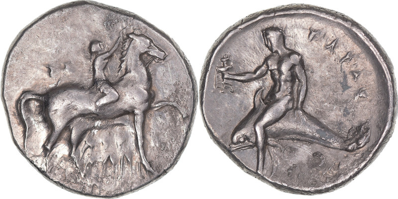 Coin, Calabria, Nomos, ca. 281-272 BC, Tarentum, AU(50-53), Silver, HN Italy:657...