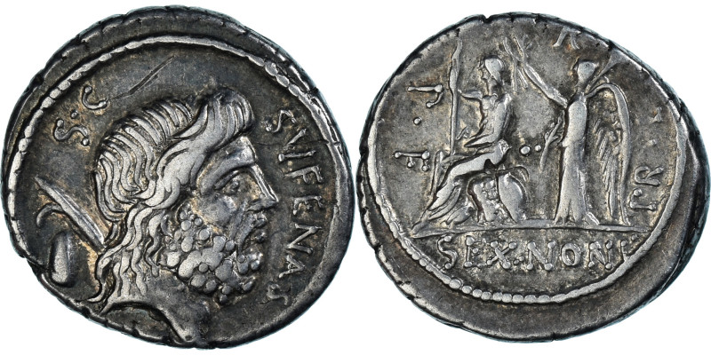 Coin, M. NONIUS SUFENAS, Denarius, 57 BC, Rome, EF(40-45), Silver
Head of Satur...