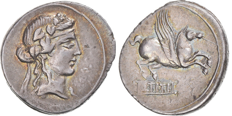 Coin, Titia, Denarius, 90 BC, Rome, AU(55-58), Silver, Crawford:341/2
Head of L...