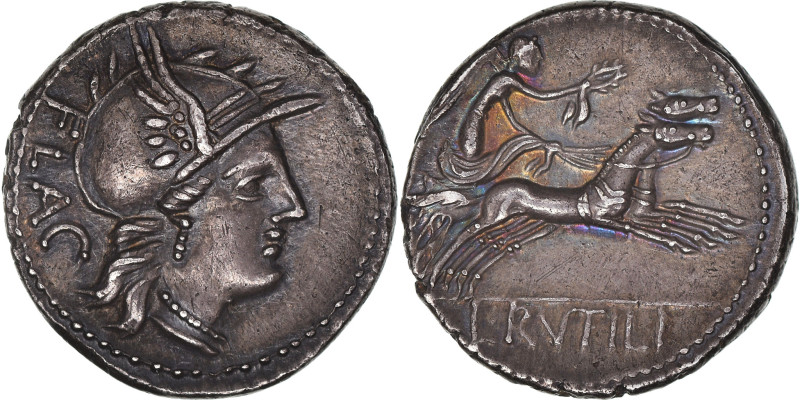 Rutilia, Denarius, 77 BC, Rome, Pedigree, Silver, AU(55-58), Crawford:387/1
Hel...
