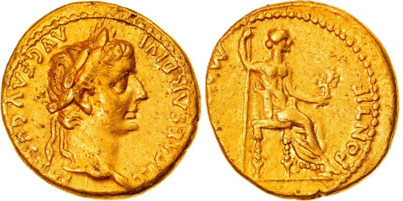 Coin, Tiberius, Aureus, Lyon - Lugdunum, AU(50-53), Gold, RIC:29
laureate head ...