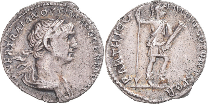 Coin, Trajan, Denarius, 114-117, Rome, AU(55-58), Silver, RIC:334
Laureate and ...