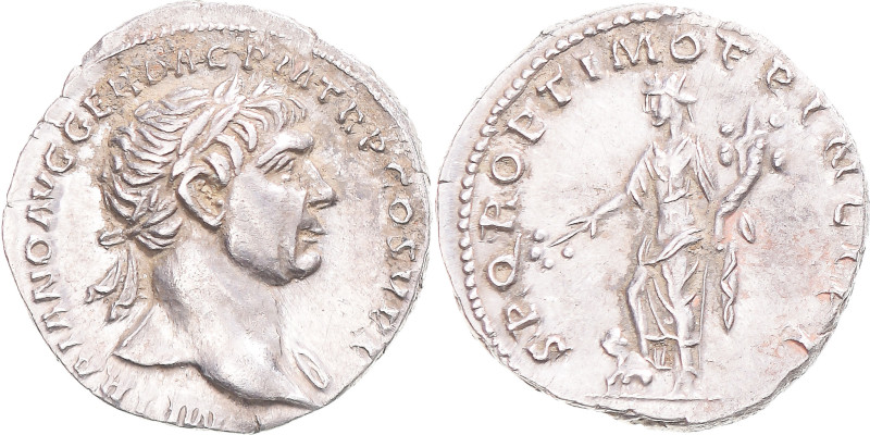 Coin, Trajan, Denarius, 103-107, Rome, AU(50-53), Silver, RIC:190a var.
Laureat...