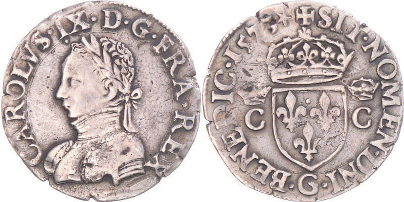 Coin, France, Charles IX, Demi Teston, 1573, Poitiers, EF(40-45), Silver
Laurea...