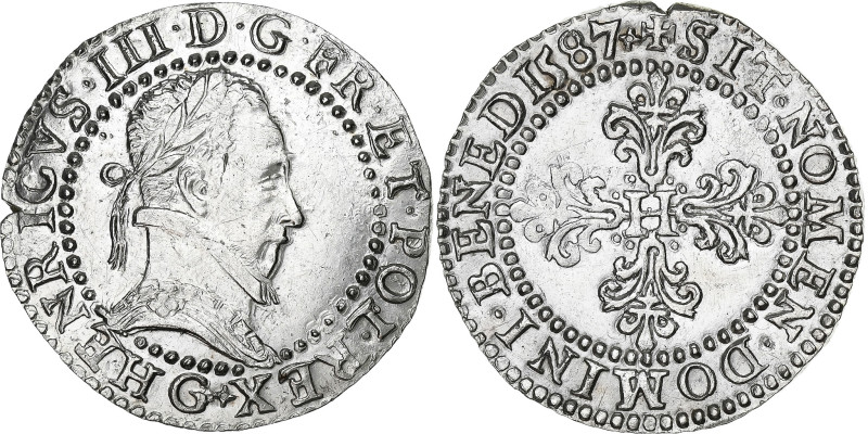 France, Henri III, 1/2 Franc au col plat, 1587, Poitiers, Silver, AU(55-58)
Bus...