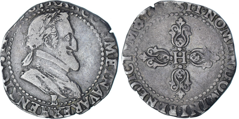 France, Henri IV, 1/2 Franc buste lauré, 1594, Rouen, Silver, VF(30-35)
Extreme...