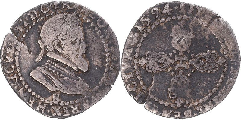 Coin, France, Henri IV, 1/4 Franc, 1594, Rouen, Inédit !, VF(30-35), Silver
Lau...