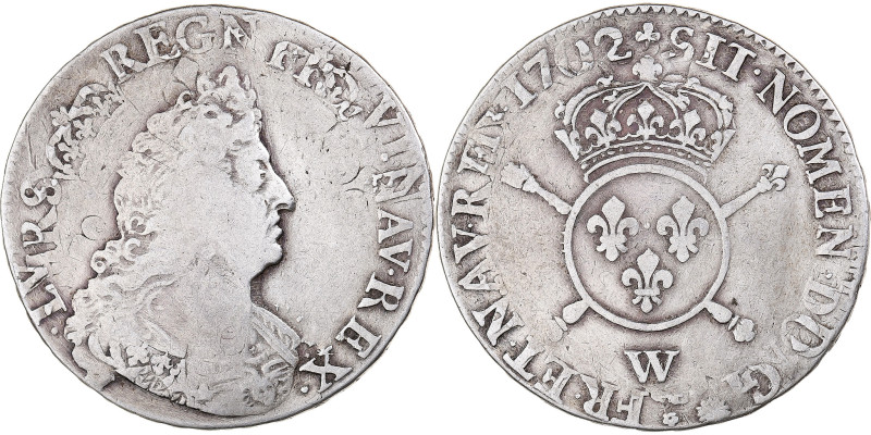 France, Louis XIV, 1/2 Ecu aux insignes, 1702, Lille, Silver, VF(20-25)
Bust of...