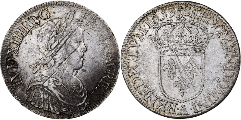 France, Louis XIV, Écu à la mèche longue, 1653, Paris, Silver, EF(40-45)
Bust o...