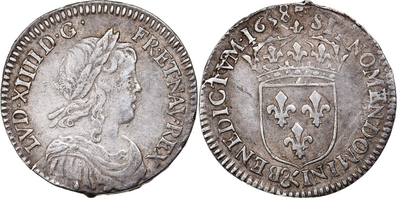 France, Louis XIV, 1/12 Ecu à la mèche longue, 1658, Aix, Silver, EF(40-45)
Bus...