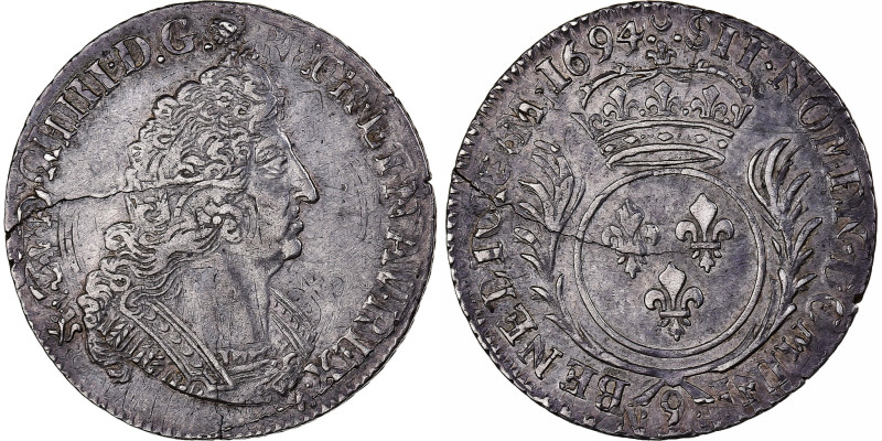 France, Louis XIV, 1/4 Ecu aux palmes, 1694, Rennes, reformed, Silver
Bust of L...