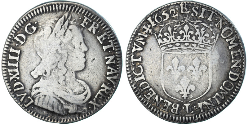 Coin, France, Louis XIV, 1/4 Écu à la mèche longue, 1652, Bayonne, VF(30-35)

...