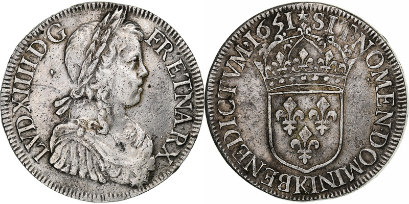 France, Louis XIV, Écu à la mèche longue, 1651, Bordeaux, Silver, EF(40-45)
NA·...