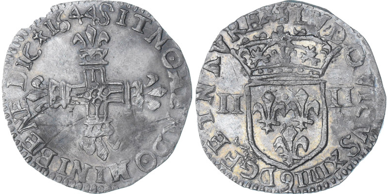 France, Louis XIV, 1/4 Ecu, 1644, Rennes, AU(50-53), Silver, Gadoury:136a


C...