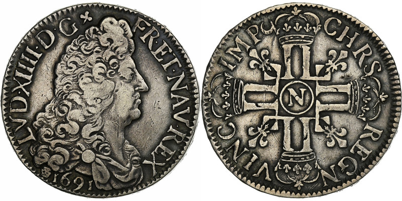 France, Louis XIV, Ecu aux 8 L, 1691, Montpellier, Flan neuf, Silver, EF(40-45)...