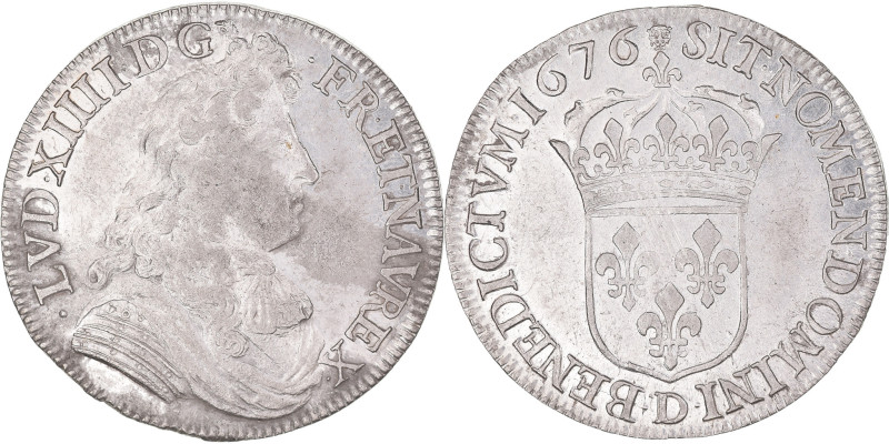 France, Louis XIV, 1/2 Écu à la cravate, 1676, Lyon, Silver, AU(50-53)
Bust of ...