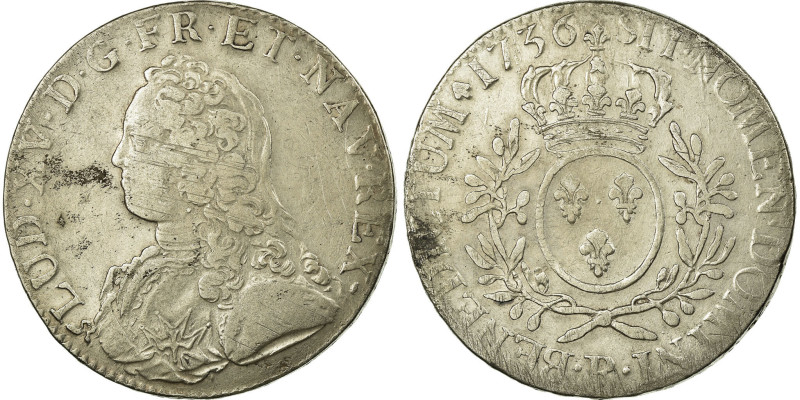 France, Louis XV, Ecu aux branches d'olivier, 1736, Rouen, Silver, EF(40-45)
Bu...