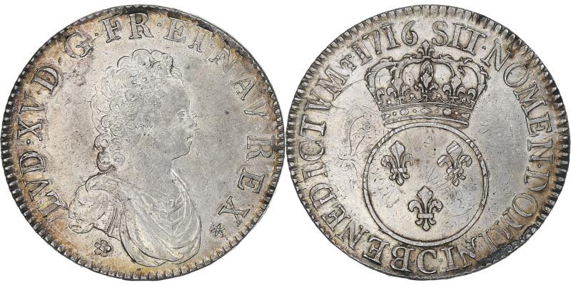 France, Louis XV, Ecu Vertugadin, 1716, Caen, réformé, AU(50-53), Silver
Coin r...