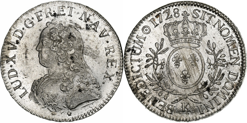 France, Louis XV, Ecu aux branches d'olivier, 1728, Bordeaux, Silver, AU(55-58)...