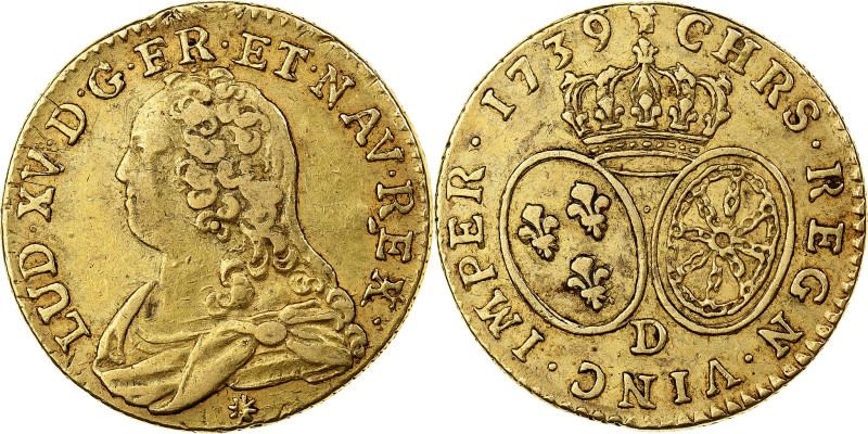 France, Louis XV, Louis d'or aux lunettes, 1739, Lyon, Gold, VF(30-35)
Draped a...