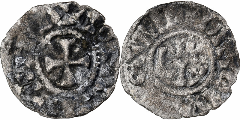 France, Lotharius, Obol, 954-986, Meaux, Silver, VF(20-25), Depeyrot:601
Cross....