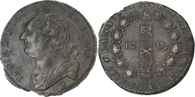 France, Louis XVI, 12 deniers françois, 1792⸱4, Montpellier, AU(50-53)
Bust dra...