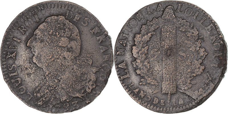 Coin, France, Louis XVI, 2 Sols, 1793, Saint-Omer, EF(40-45), Métal de cloche
D...