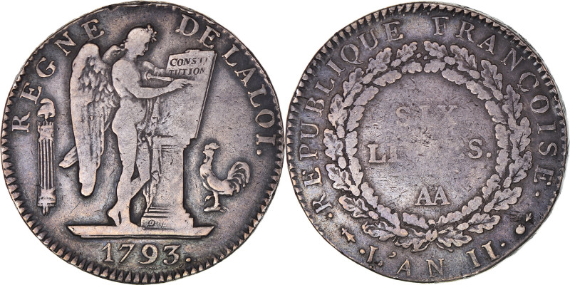 Coin, France, Écu de 6 livres françoise, 1793 / AN II, Metz, VF(30-35)
Écu de 6...