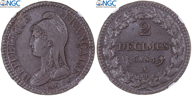 France, 2 Décimes, Dupré, AN 4, Paris, Bronze, NGC, MS63, Gadoury:300
Bust of t...