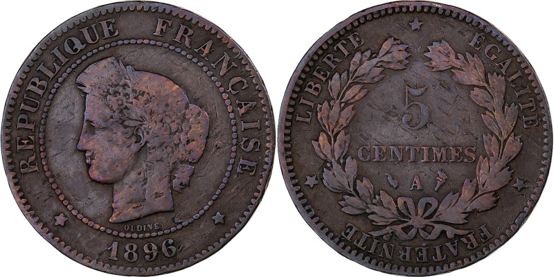 France, 5 Centimes, Cérès, 1896, Paris, Torch, Bronze, VF(30-35)
Head of Ceres ...