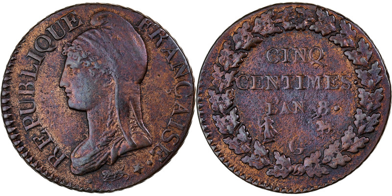 France, 5 Centimes, Dupré, AN 8, Geneva, Bronze, VF(30-35), Gadoury:126a
Marian...