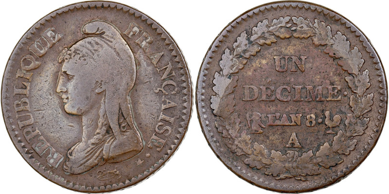 France, 1 Décime, Dupré, AN 8, Paris, with É, Copper, VF(20-25)
Draped bust of ...