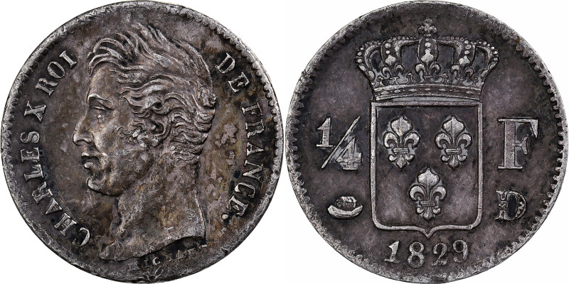 France, Charles X, 1/4 Franc, 1829, Lyon, Silver, AU(50-53), Gadoury:353
Bare h...