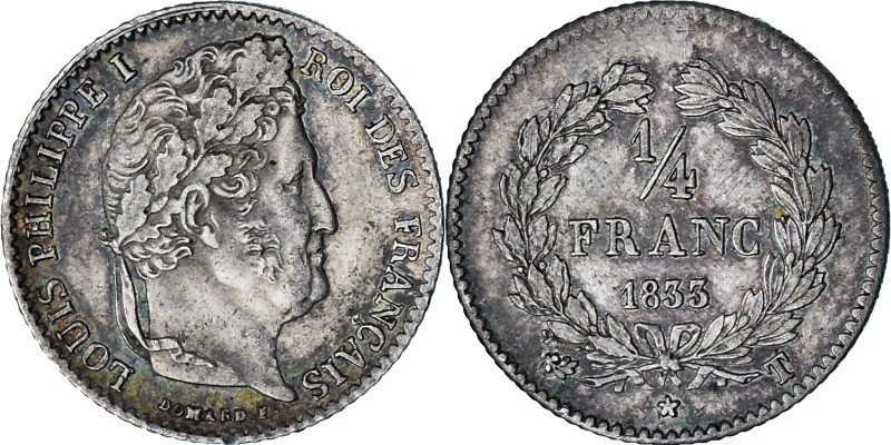 France, Louis-Philippe I, 1/4 Franc, 1833, Nantes, AU(55-58), Silver, KM:740
He...