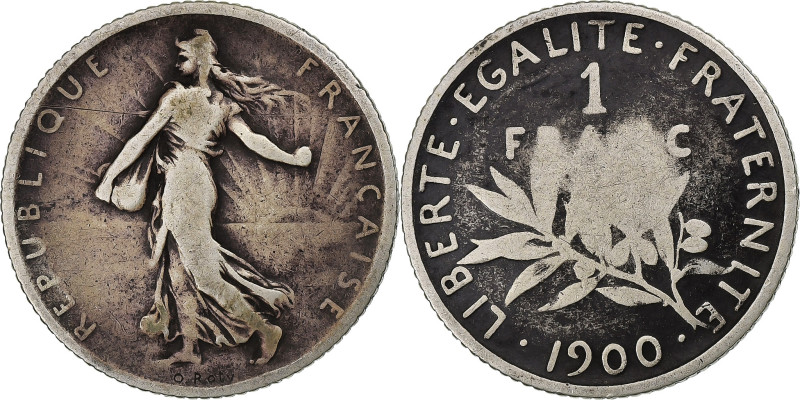 France, 1 Franc, Semeuse, 1900, Paris, Silver, F(12-15), Gadoury:467, KM:844.1
...