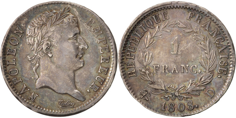 France, Napoleon I, Franc, 1808, Lyon, Silver, AU(50-53), Gadoury:446
Laureate ...