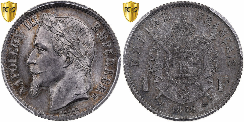 France, Napoleon III, 1 Franc, 1866, Strasbourg, Silver, PCGS, MS64
Laureate he...