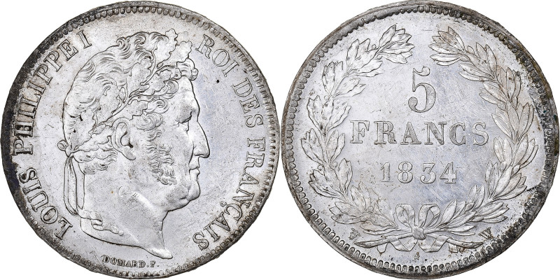 France, Louis-Philippe I, 5 Francs, 1834, Lille, Silver, AU(55-58), Gadoury:678...