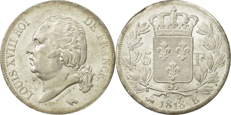 France, Louis XVIII, 5 Francs, 1818, Rouen, Silver, AU(55-58), Gadoury:614
Bare...