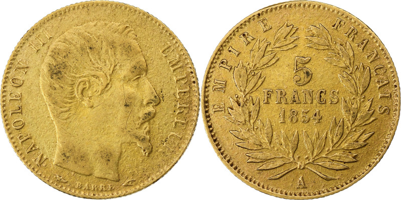 France, Napoleon III, 5 Francs, 1854, Paris, tranche cannelée, Gold, VF(30-35)
...