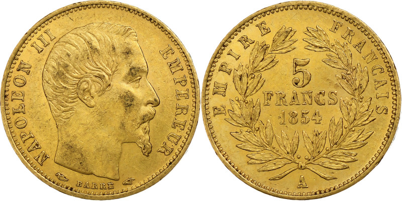 France, Napoleon III, 5 Francs, 1854, Paris, tranche lisse, Gold, EF(40-45)
Bar...