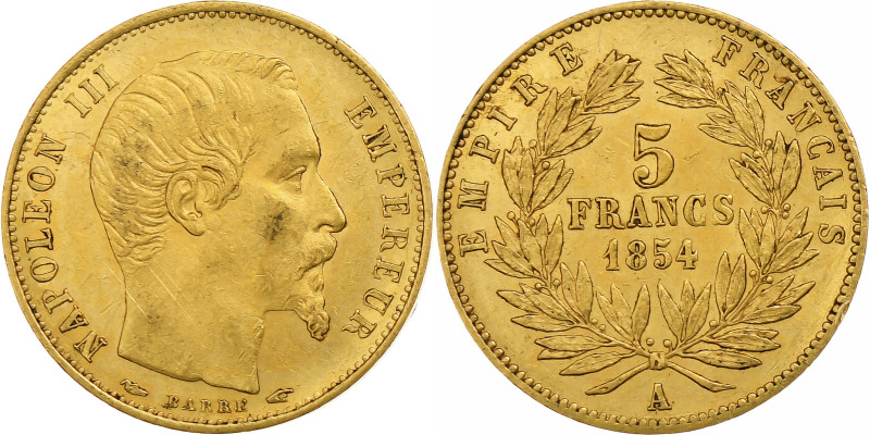 France, Napoleon III, 5 Francs, 1854, Paris, tranche lisse, Gold, AU(50-53)
Bar...