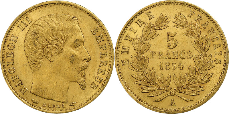 France, Napoleon III, 5 Francs, 1854, Paris, tranche lisse, Gold, AU(50-53)
Bar...