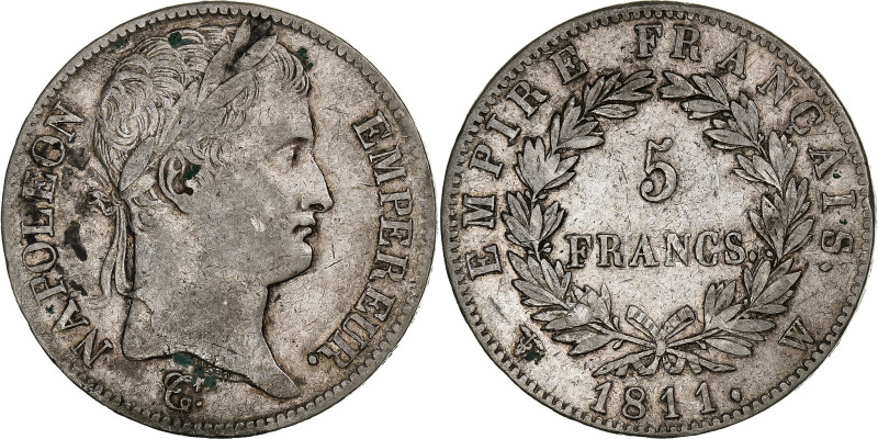 France, Napoleon I, 5 Francs, 1811, Lille, Silver, AU(50-53), Gadoury:584
Head ...